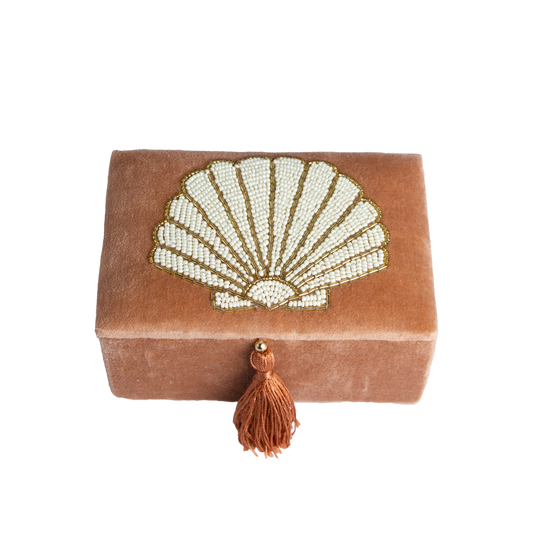 Velvet box small with shell in beads terra